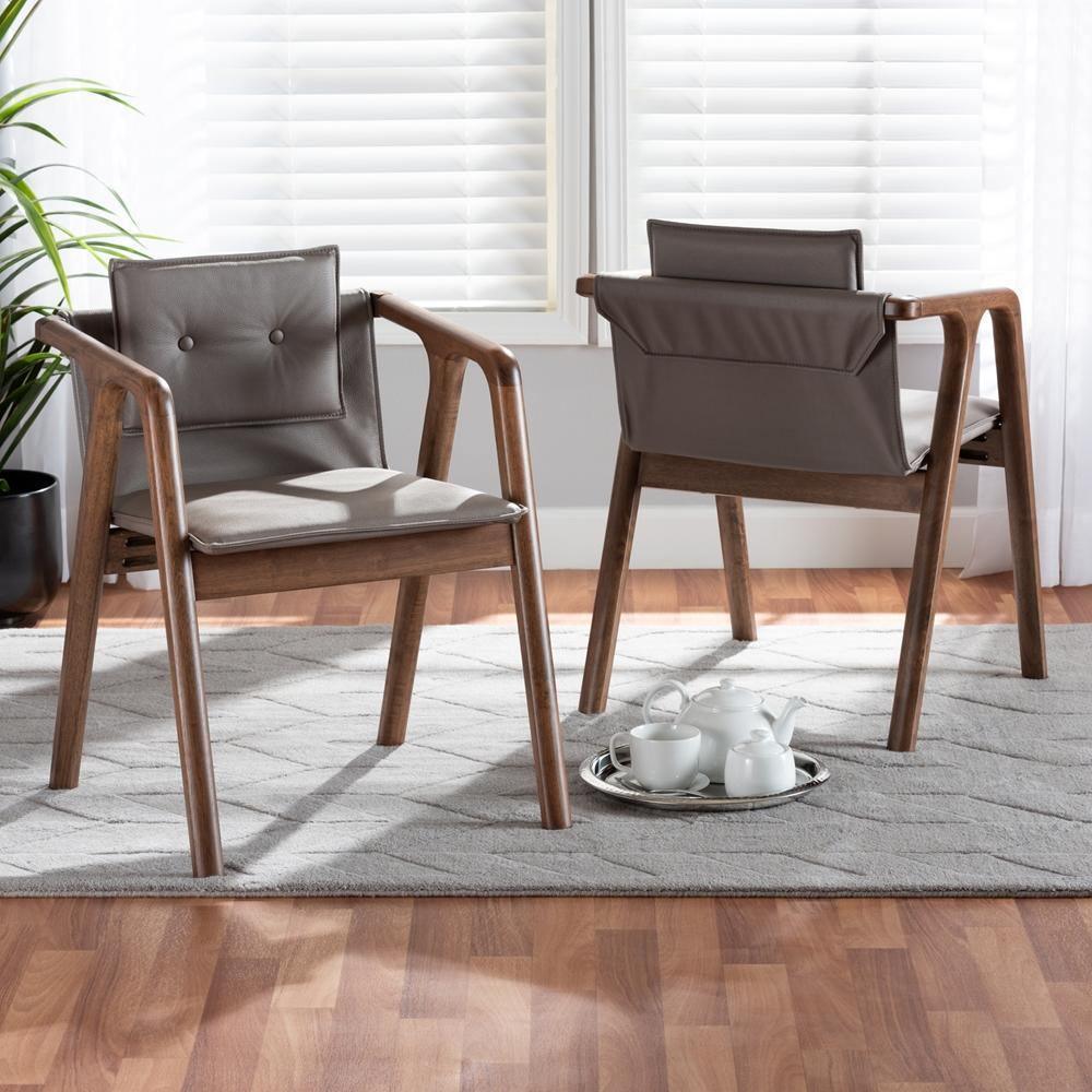 Marcena Mid-Century Modern Grey Imitation Leather Upholstered and Walnut Brown Finished Wood 2-Piece Dining Chair Set FredCo