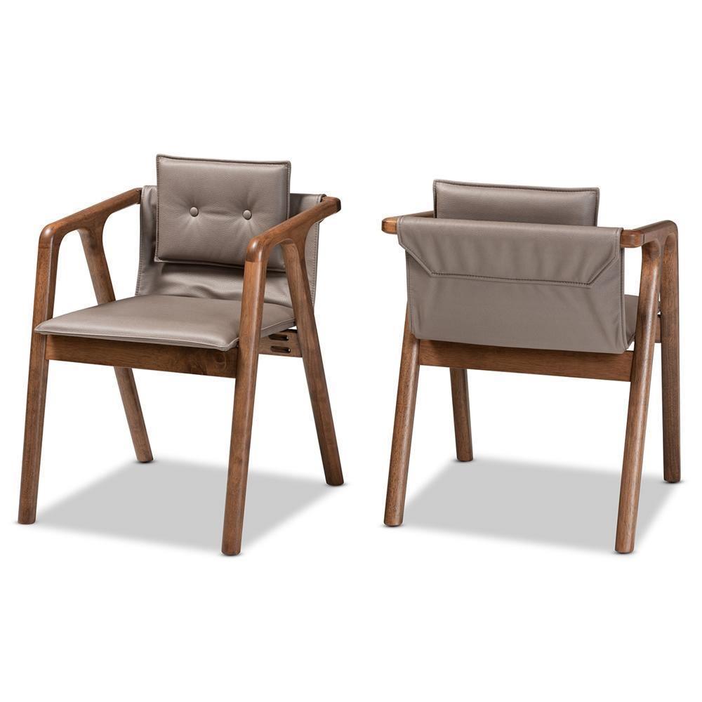 Marcena Mid-Century Modern Grey Imitation Leather Upholstered and Walnut Brown Finished Wood 2-Piece Dining Chair Set FredCo