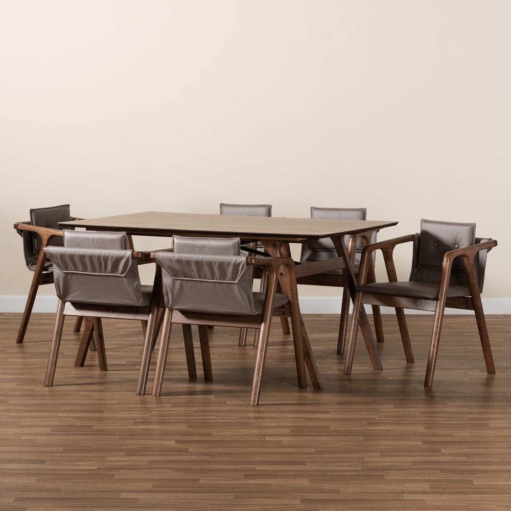 Marcena Mid-Century Modern Grey Imitation Leather Upholstered and Walnut Brown Finished Wood 7-Piece Dining Set FredCo
