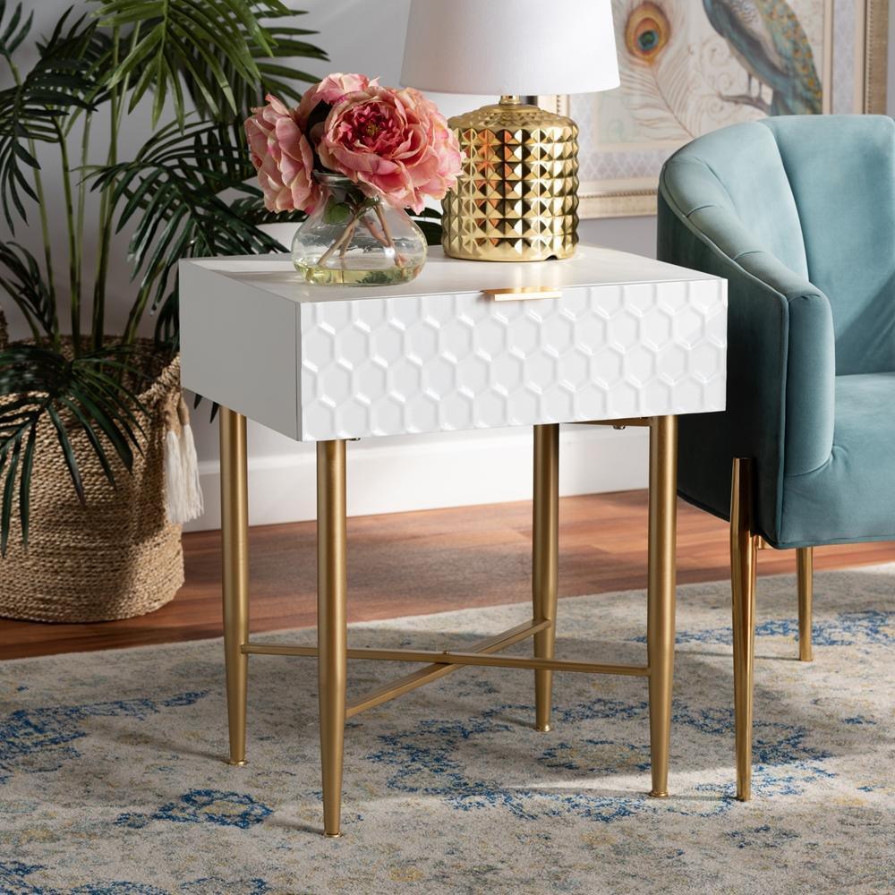 Marcin Contemporary Glam and Luxe White Finished Wood and Gold Metal 1-Drawer Nightstand FredCo