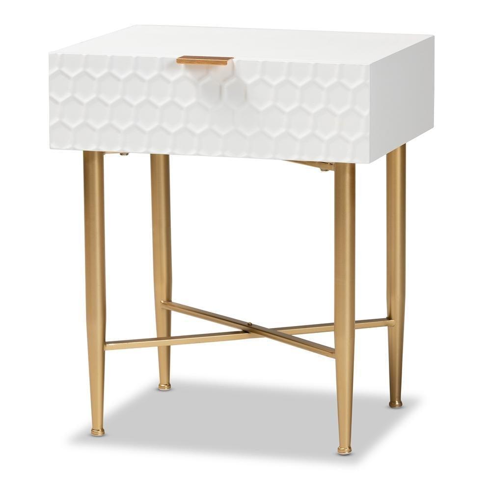 Marcin Contemporary Glam and Luxe White Finished Wood and Gold Metal 1-Drawer Nightstand FredCo