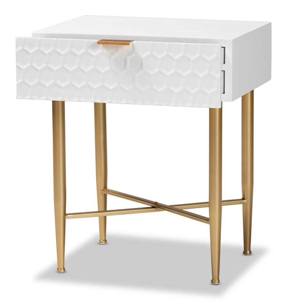 Marcin Contemporary Glam and Luxe White Finished Wood and Gold Metal 1-Drawer Nightstand FredCo