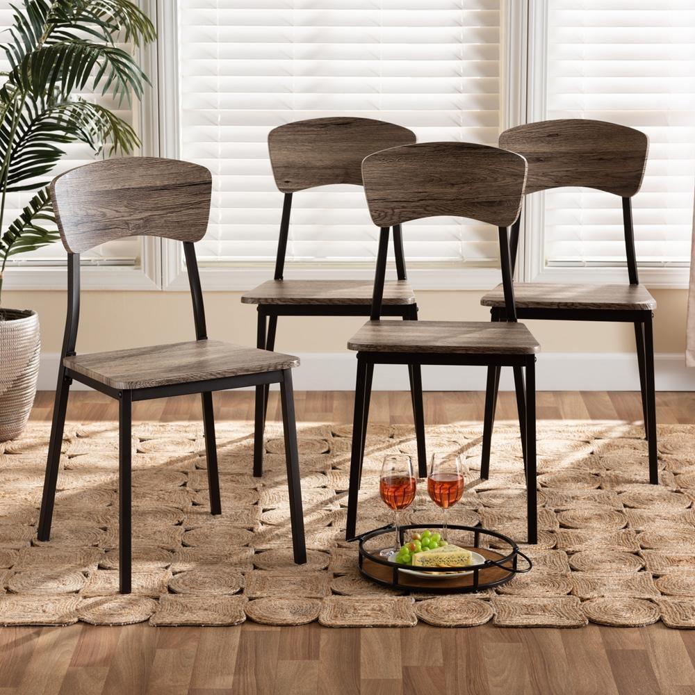 Marcus Modern Industrial Oak Brown Finished Wood and Black Metal 4-Piece Dining Chair Set FredCo