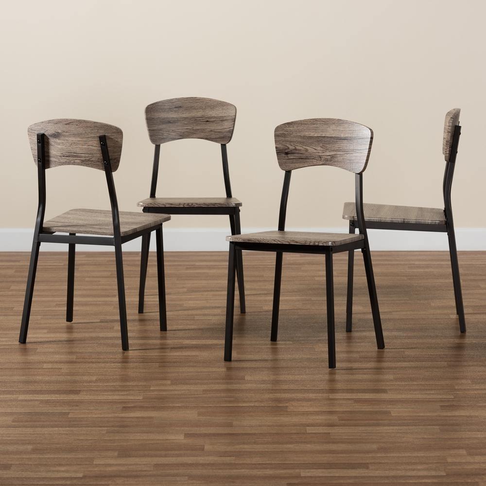 Marcus Modern Industrial Oak Brown Finished Wood and Black Metal 4-Piece Dining Chair Set FredCo