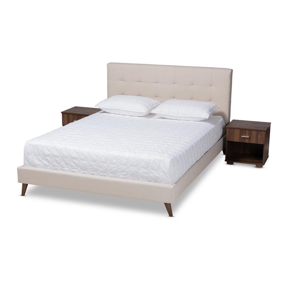 Maren Mid-Century Modern Beige Fabric Upholstered Full Size Platform Bed with Two Nightstands FredCo