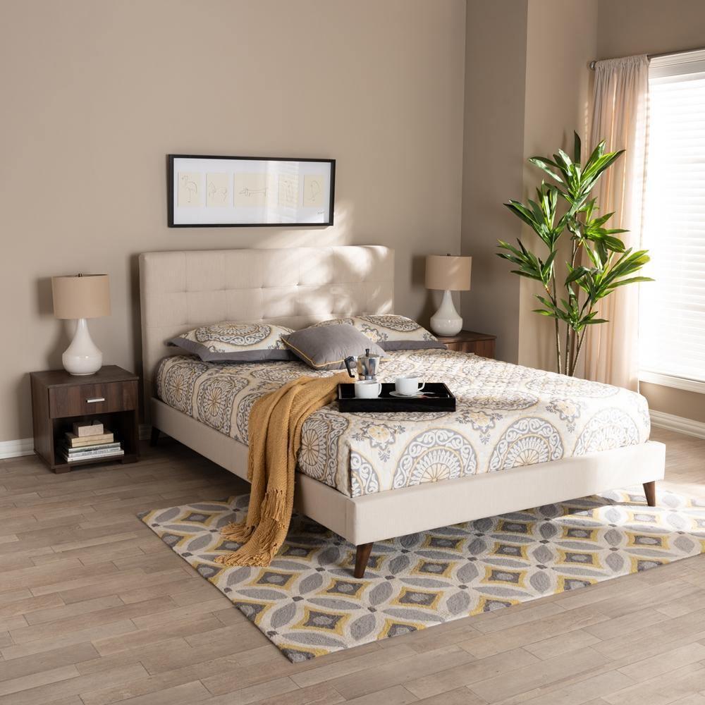 Maren Mid-Century Modern Beige Fabric Upholstered Full Size Platform Bed with Two Nightstands FredCo