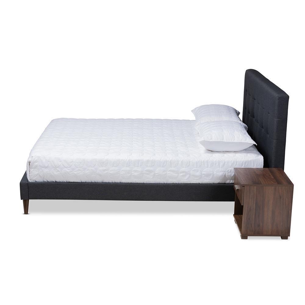 Maren Mid-Century Modern Dark Grey Fabric Upholstered Full Size Platform Bed with Two Nightstands FredCo