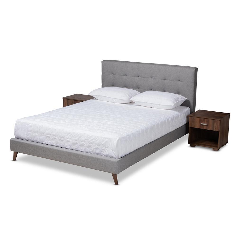 Maren Mid-Century Modern Light Grey Fabric Upholstered Full Size Platform Bed with Two Nightstands FredCo