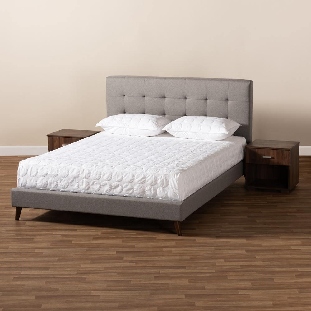Maren Mid-Century Modern Light Grey Fabric Upholstered Full Size Platform Bed with Two Nightstands FredCo