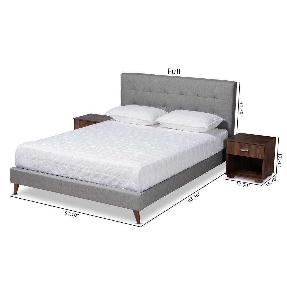 Maren Mid-Century Modern Light Grey Fabric Upholstered Full Size Platform Bed with Two Nightstands FredCo