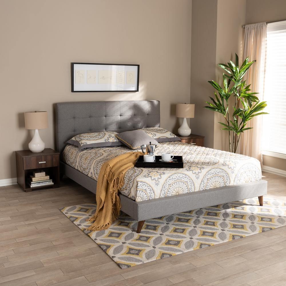 Maren Mid-Century Modern Light Grey Fabric Upholstered Full Size Platform Bed with Two Nightstands FredCo