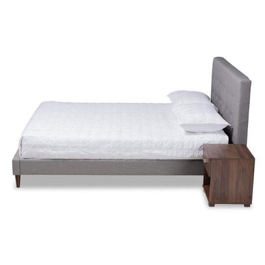 Maren Mid-Century Modern Light Grey Fabric Upholstered Queen Size Platform Bed with Two Nightstands FredCo