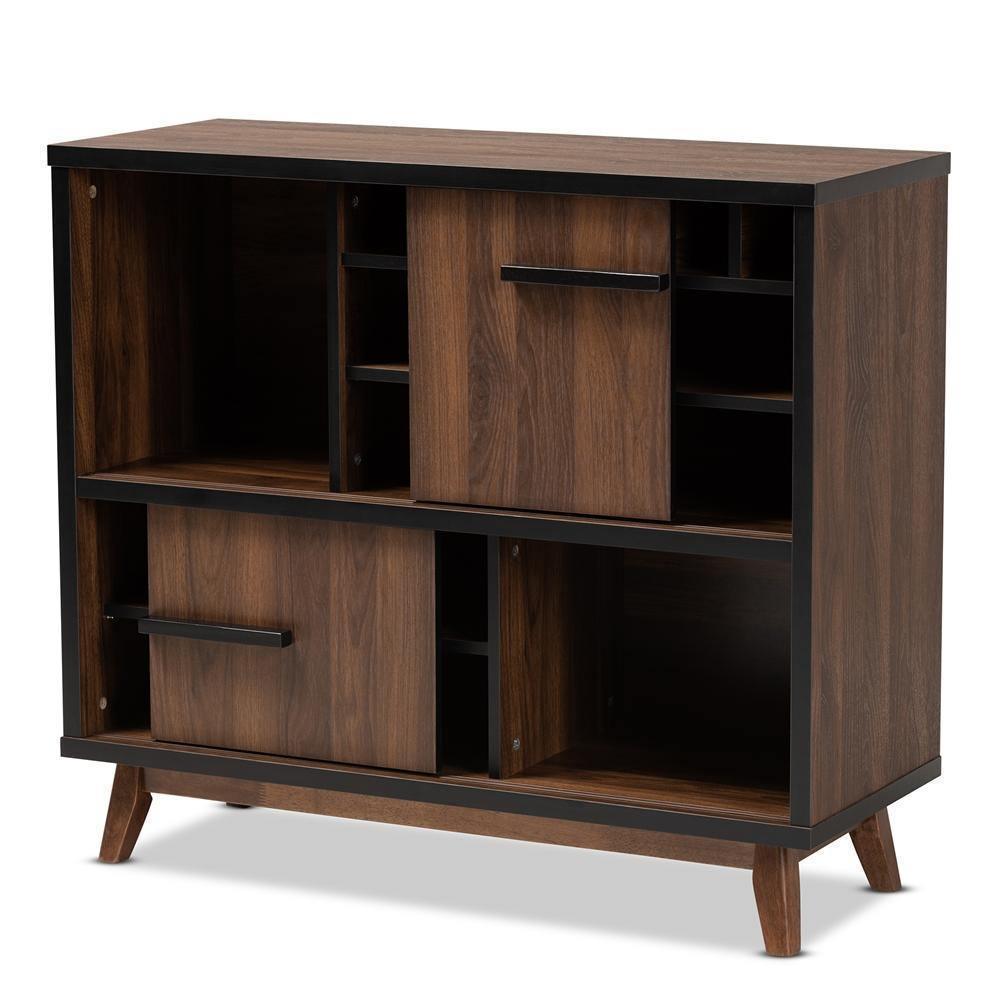 Margo Mid-Century Modern Two-Tone Walnut Brown and Black Finished Wood Wine Storage Cabinet FredCo