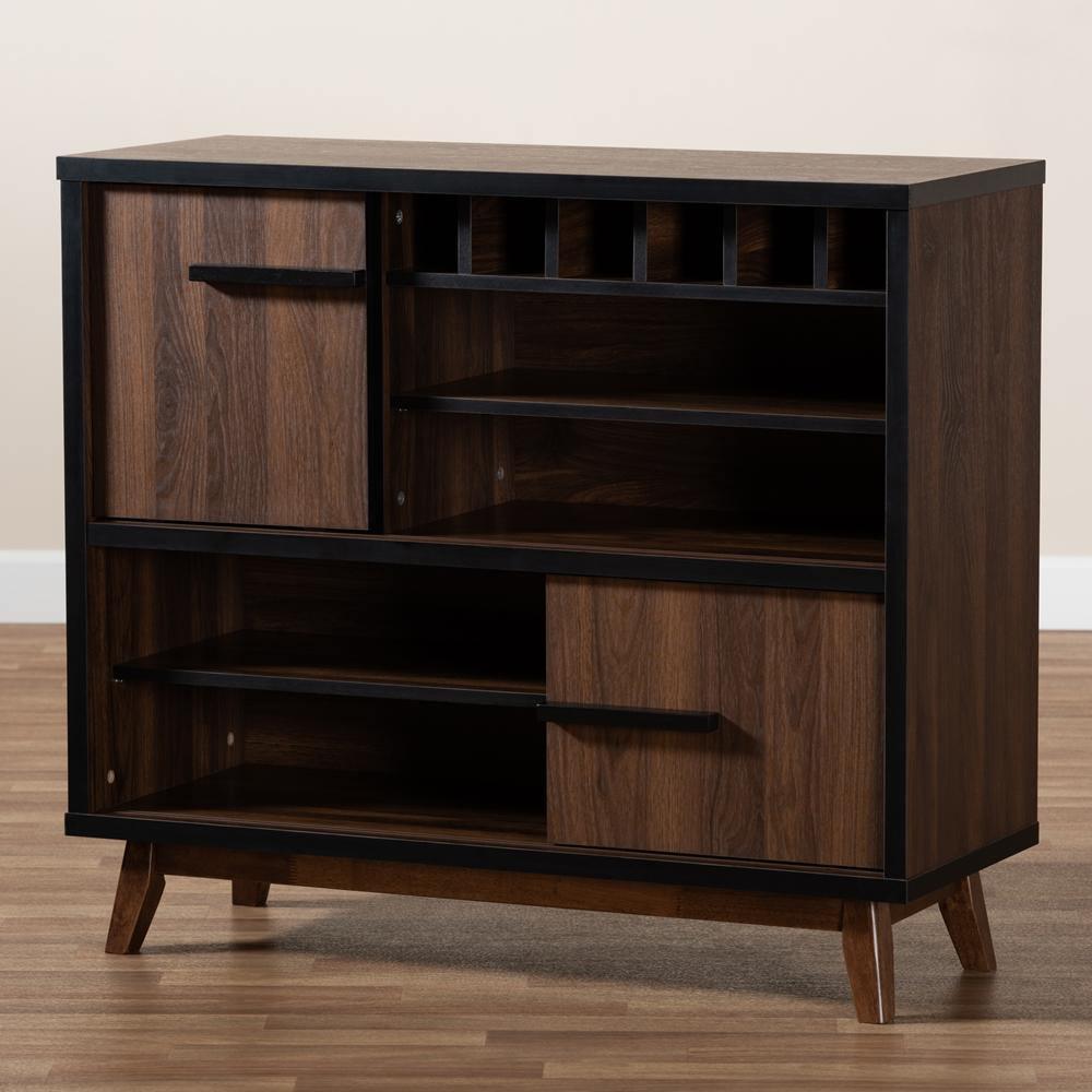 Margo Mid-Century Modern Two-Tone Walnut Brown and Black Finished Wood Wine Storage Cabinet FredCo