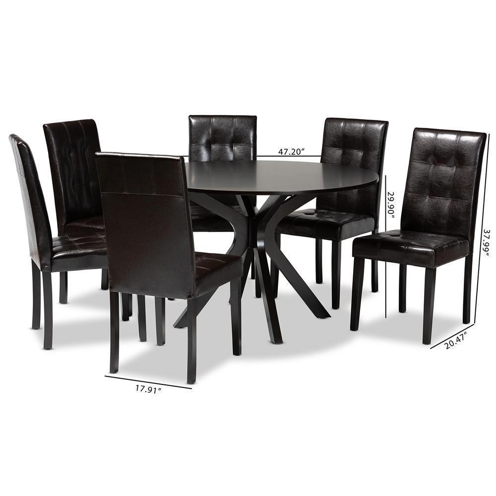 Marie Modern and Contemporary Dark Brown Faux Leather Upholstered and Dark brown Finished Wood 7-Piece Dining Set FredCo