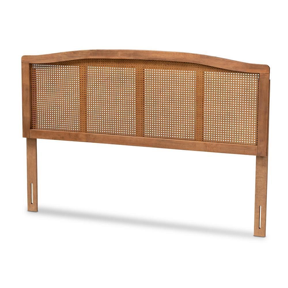 Marieke Mid-Century Modern Ash Wanut Finished Wood and Synthetic Rattan King Size Headboard FredCo