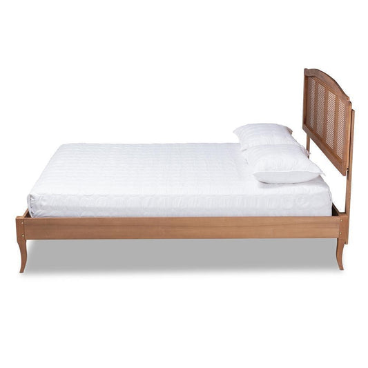 Marieke Vintage French Inspired Ash Wanut Finished Wood and Synthetic Rattan Full Size Platform Bed FredCo