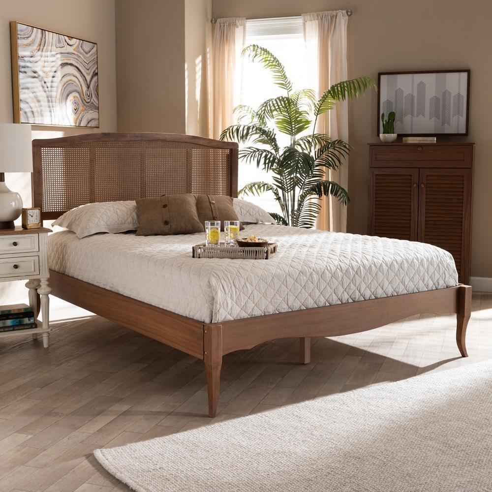 Marieke Vintage French Inspired Ash Wanut Finished Wood and Synthetic Rattan Queen Size Platform Bed FredCo