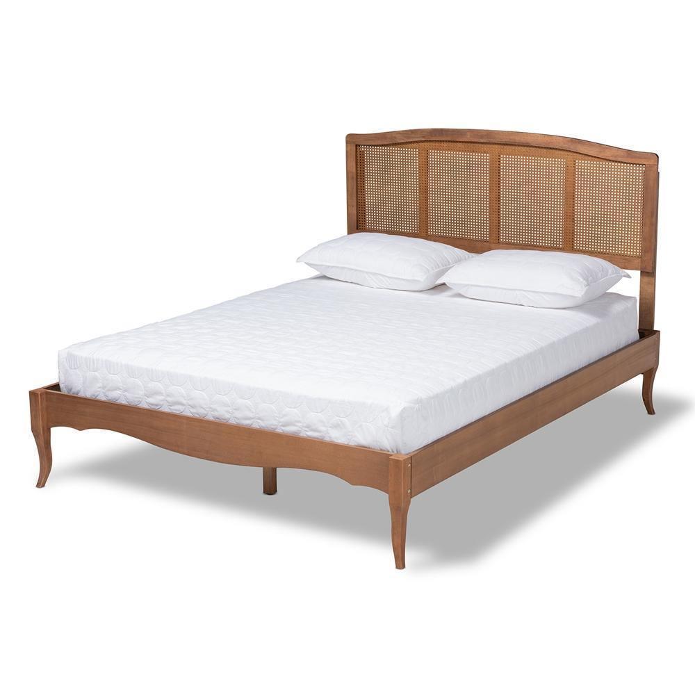 Marieke Vintage French Inspired Ash Wanut Finished Wood and Synthetic Rattan Queen Size Platform Bed FredCo