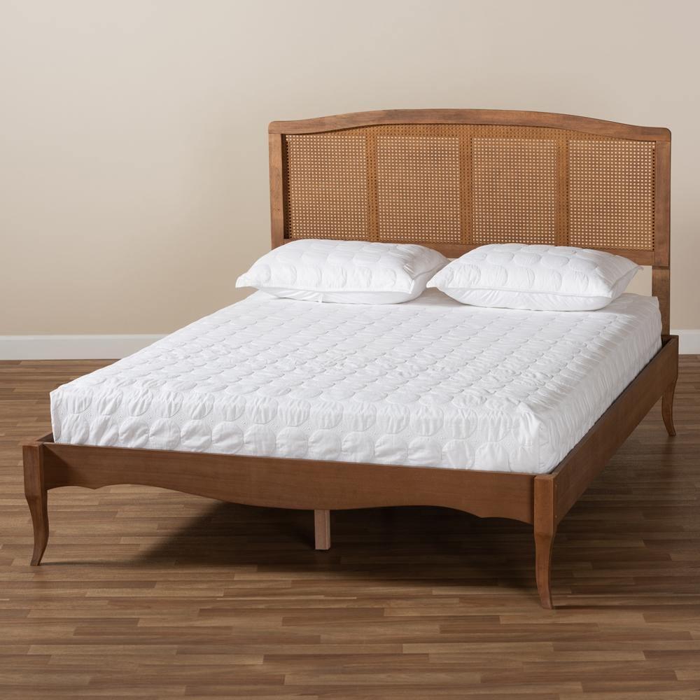 Marieke Vintage French Inspired Ash Wanut Finished Wood and Synthetic Rattan Queen Size Platform Bed FredCo