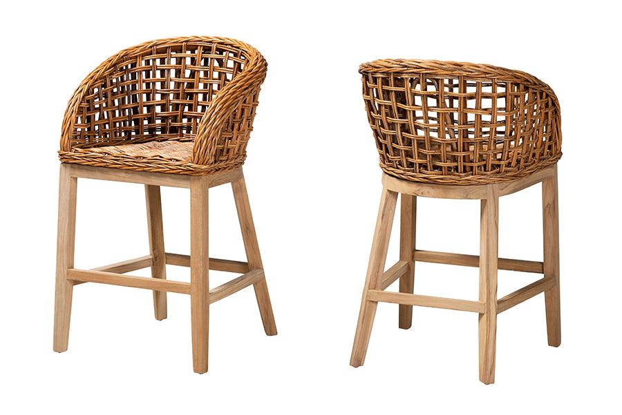 Mario Modern Bohemian Natural Brown Finished Teak Wood and Rattan 2-Piece Counter Stool Set FredCo