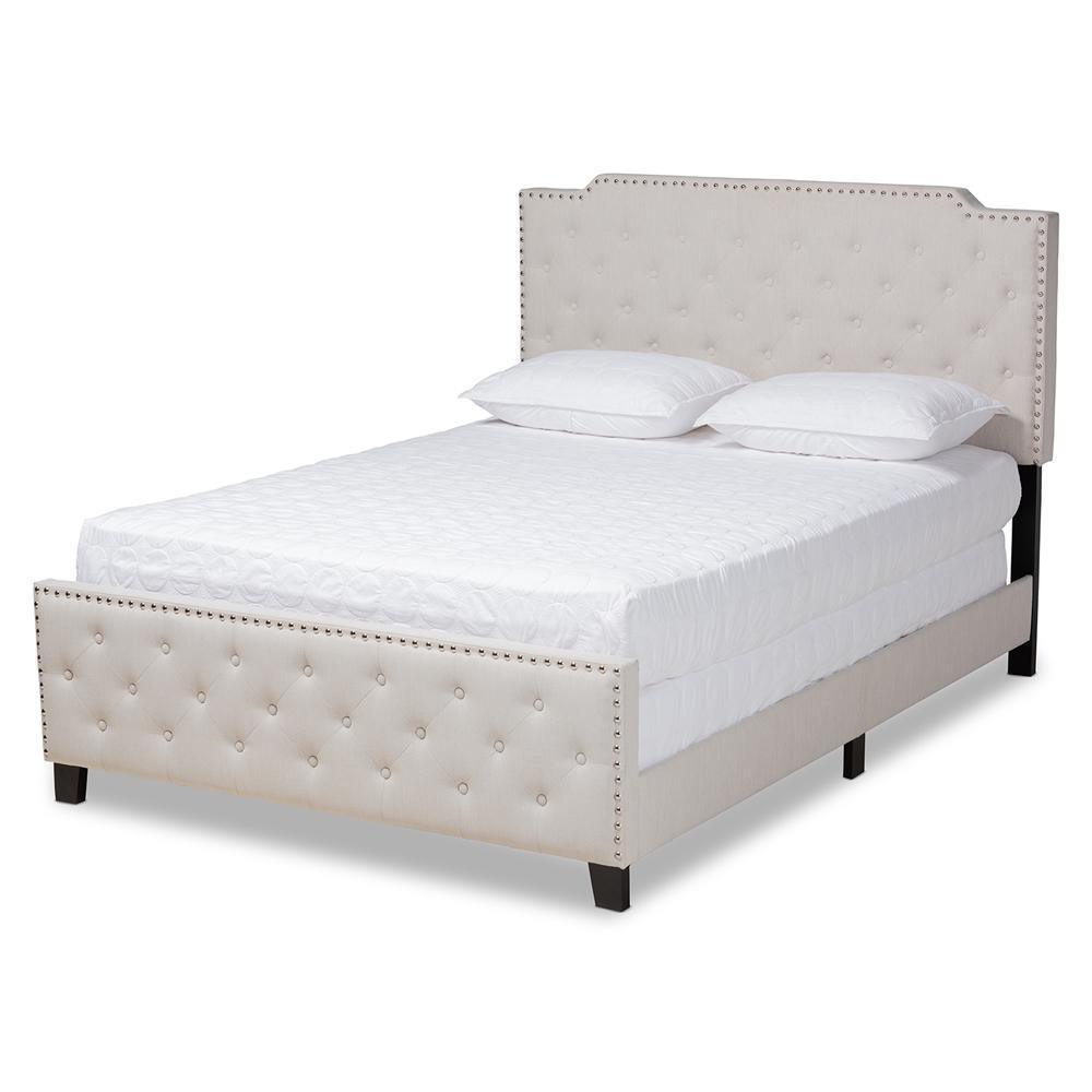 Marion Modern Transitional Beige Fabric Upholstered Button Tufted Full Size Panel Bed FredCo