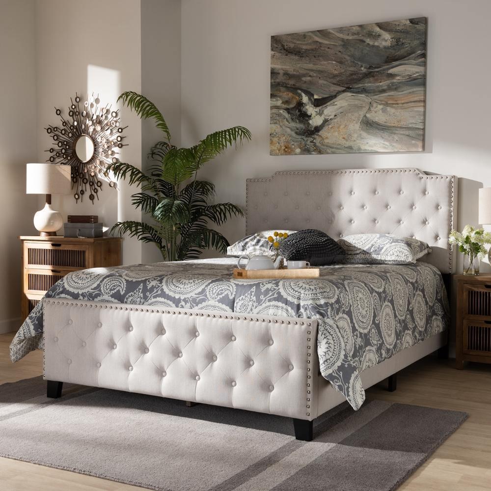 Marion Modern Transitional Beige Fabric Upholstered Button Tufted Queen Size Panel Bed FredCo