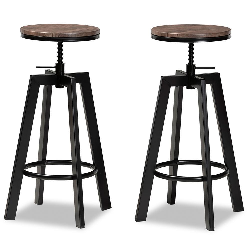 Maritta Vintage Industrial Rustic Walnut Finished Wood and Black Metal 2-Piece Adjustable Swivel Bar Stool Set FredCo