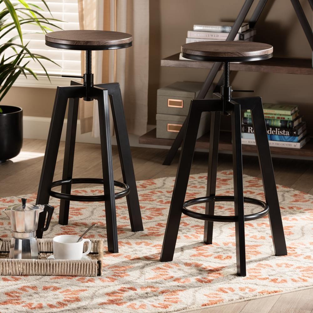 Maritta Vintage Industrial Rustic Walnut Finished Wood and Black Metal 2-Piece Adjustable Swivel Bar Stool Set FredCo