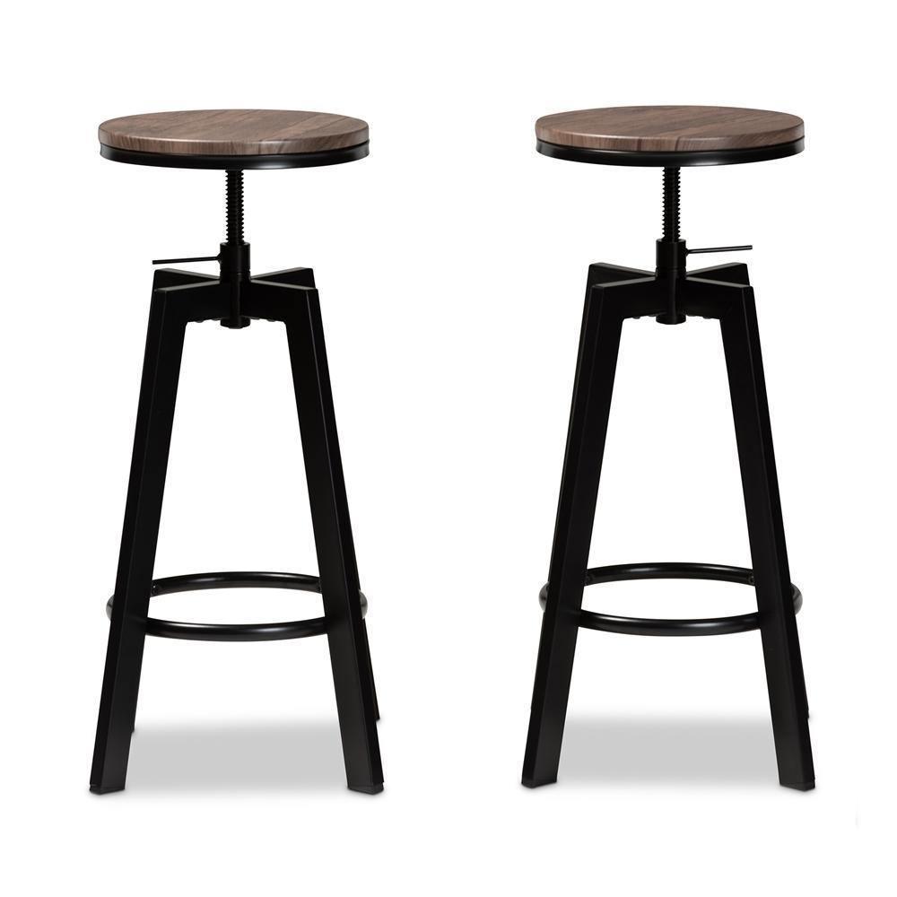 Maritta Vintage Industrial Rustic Walnut Finished Wood and Black Metal 2-Piece Adjustable Swivel Bar Stool Set FredCo