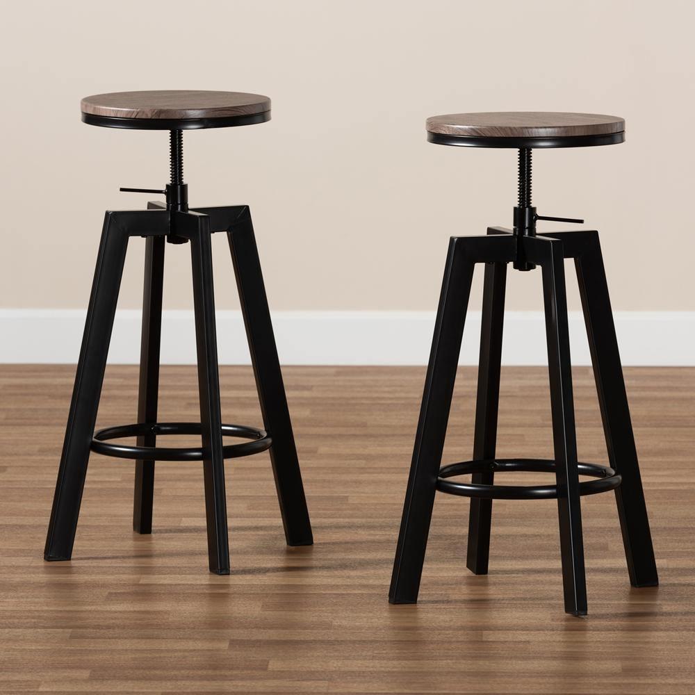 Maritta Vintage Industrial Rustic Walnut Finished Wood and Black Metal 2-Piece Adjustable Swivel Bar Stool Set FredCo