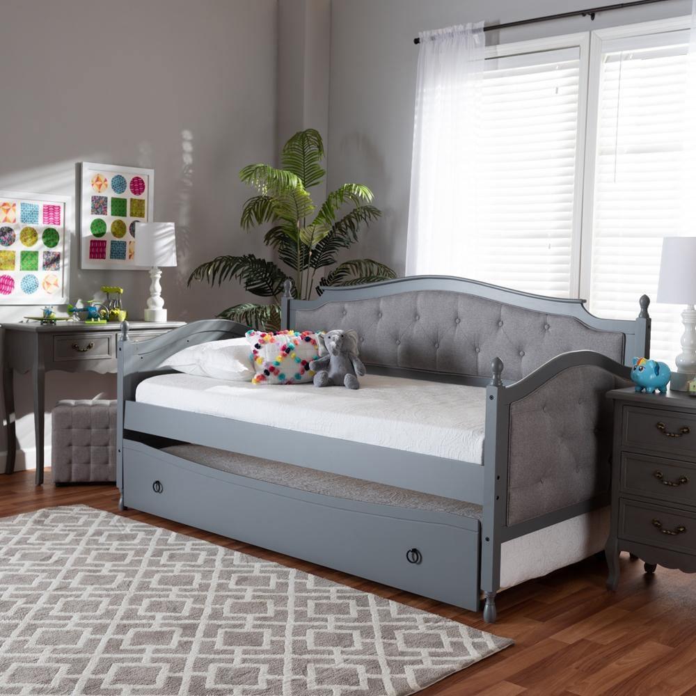 Marlie Classic and Traditional Grey Fabric Upholstered Grey Finished Wood Twin Size Daybed with Trundle FredCo