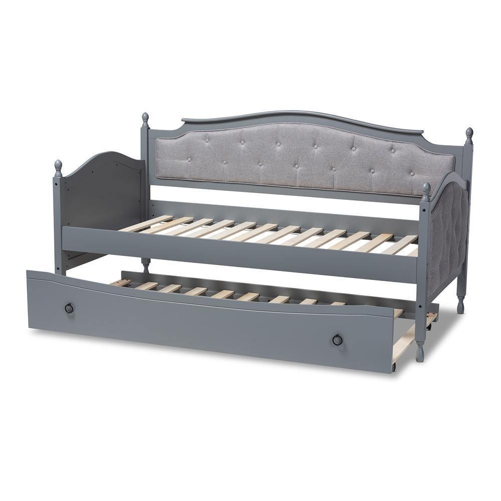 Marlie Classic and Traditional Grey Fabric Upholstered Grey Finished Wood Twin Size Daybed with Trundle FredCo