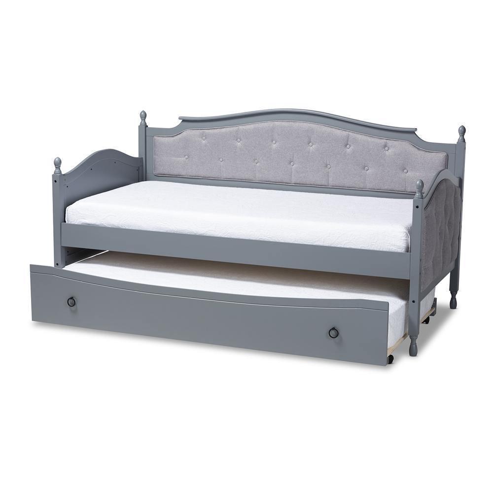 Marlie Classic and Traditional Grey Fabric Upholstered Grey Finished Wood Twin Size Daybed with Trundle FredCo