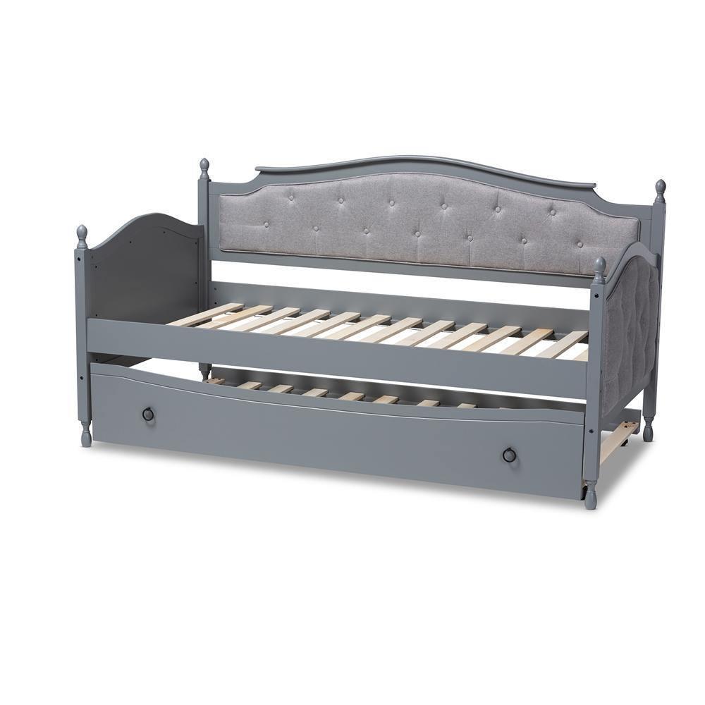 Marlie Classic and Traditional Grey Fabric Upholstered Grey Finished Wood Twin Size Daybed with Trundle FredCo