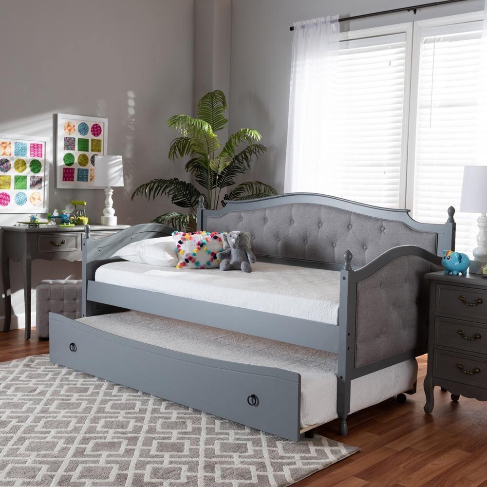 Marlie Classic and Traditional Grey Fabric Upholstered Grey Finished Wood Twin Size Daybed with Trundle FredCo
