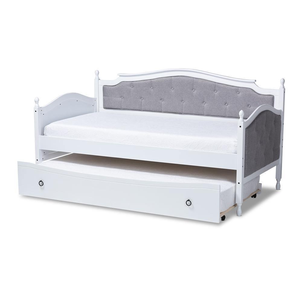 Marlie Classic and Traditional Grey Fabric Upholstered White Finished Wood Twin Size Daybed with Trundle FredCo