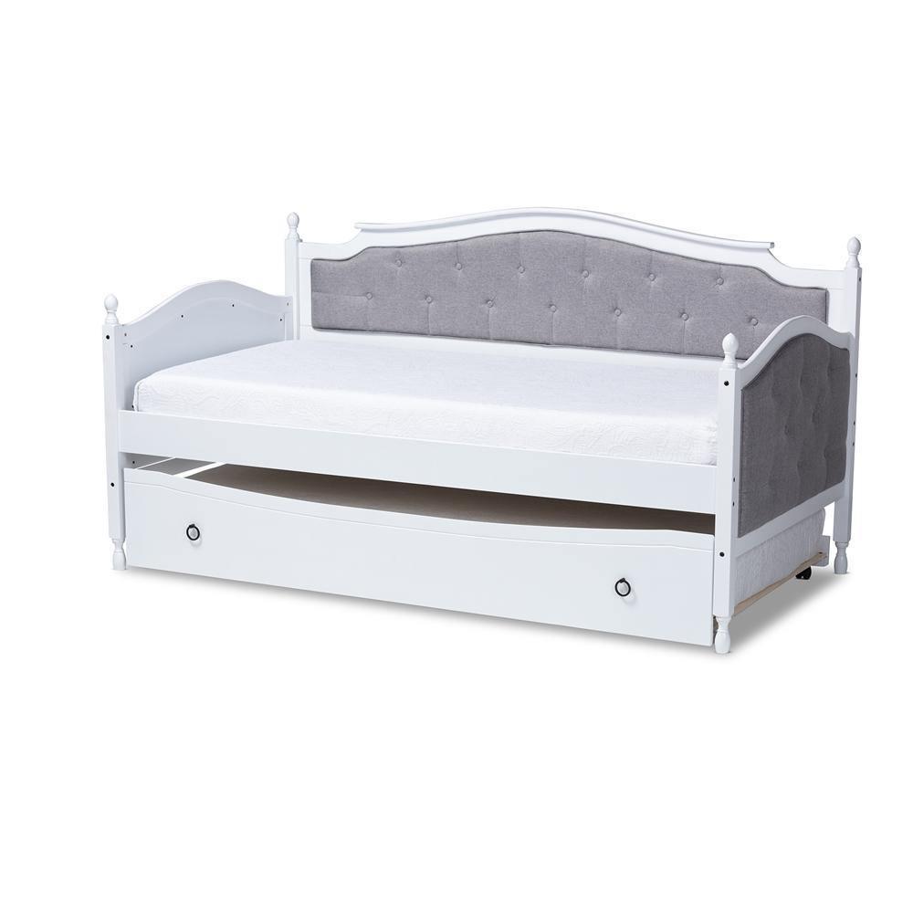 Marlie Classic and Traditional Grey Fabric Upholstered White Finished Wood Twin Size Daybed with Trundle FredCo