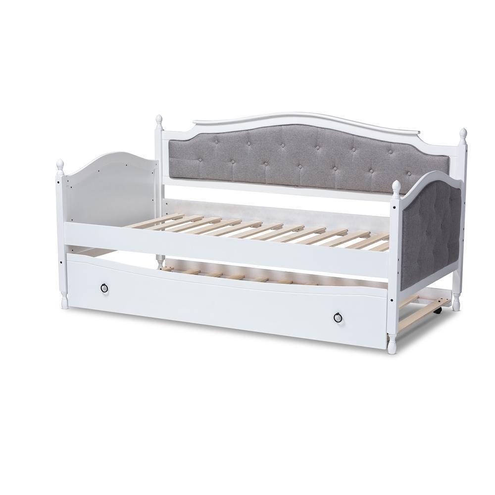 Marlie Classic and Traditional Grey Fabric Upholstered White Finished Wood Twin Size Daybed with Trundle FredCo