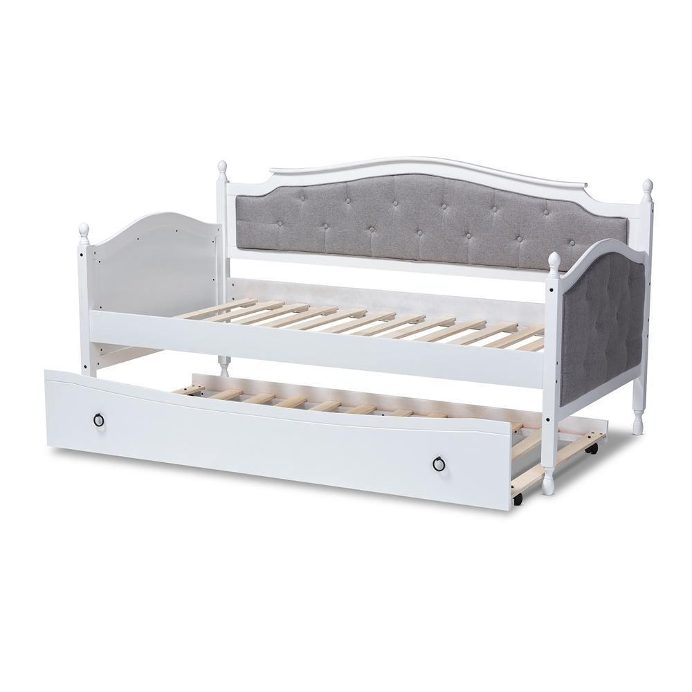 Marlie Classic and Traditional Grey Fabric Upholstered White Finished Wood Twin Size Daybed with Trundle FredCo