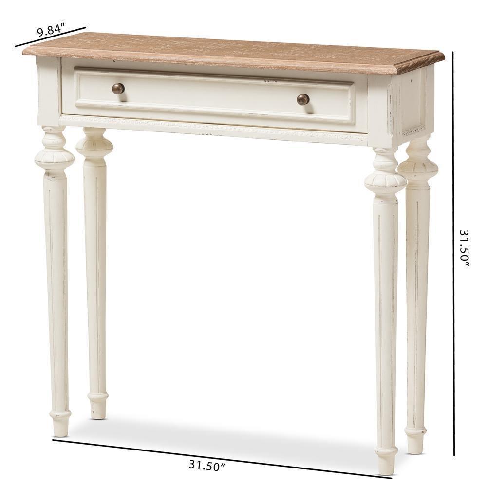 Marquetterie French Provincial Style Weathered Oak and White Wash Distressed Finish Wood Two-Tone Console Table FredCo