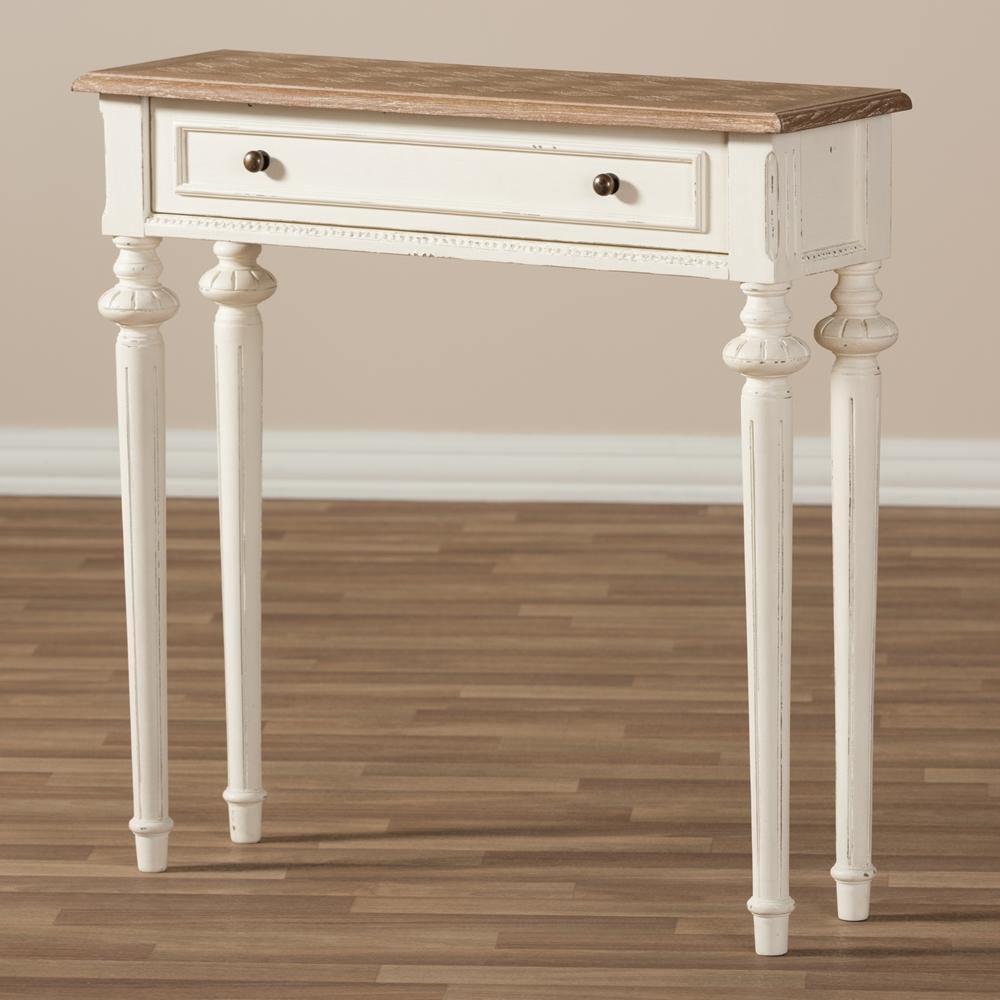 Marquetterie French Provincial Style Weathered Oak and White Wash Distressed Finish Wood Two-Tone Console Table FredCo