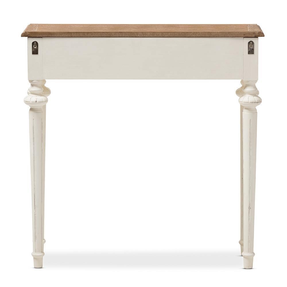 Marquetterie French Provincial Style Weathered Oak and White Wash Distressed Finish Wood Two-Tone Console Table FredCo