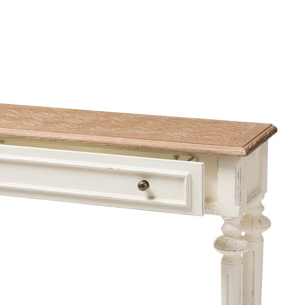 Marquetterie French Provincial Style Weathered Oak and White Wash Distressed Finish Wood Two-Tone Console Table FredCo