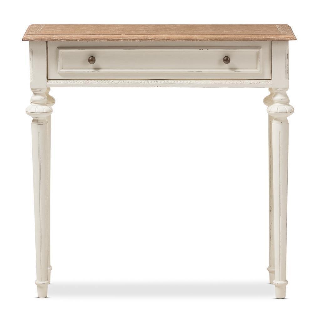 Marquetterie French Provincial Style Weathered Oak and White Wash Distressed Finish Wood Two-Tone Console Table FredCo