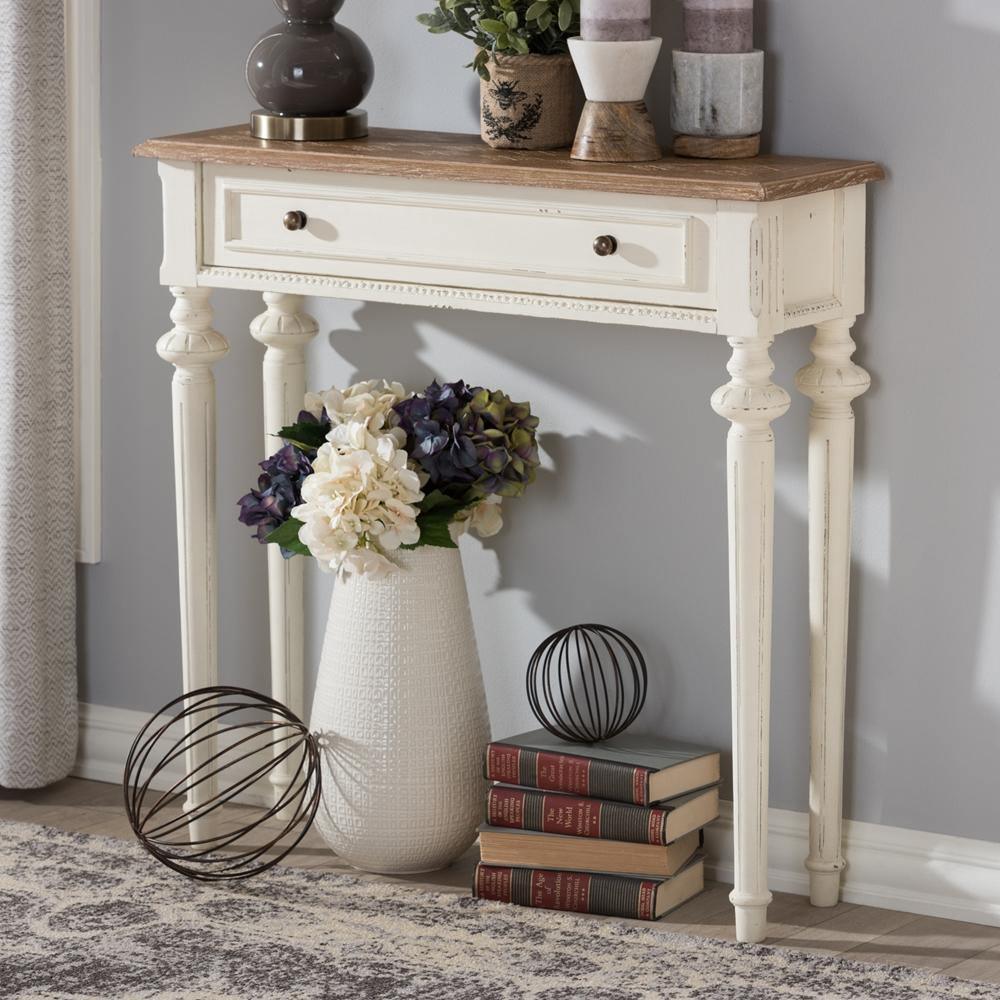 Marquetterie French Provincial Style Weathered Oak and White Wash Distressed Finish Wood Two-Tone Console Table FredCo