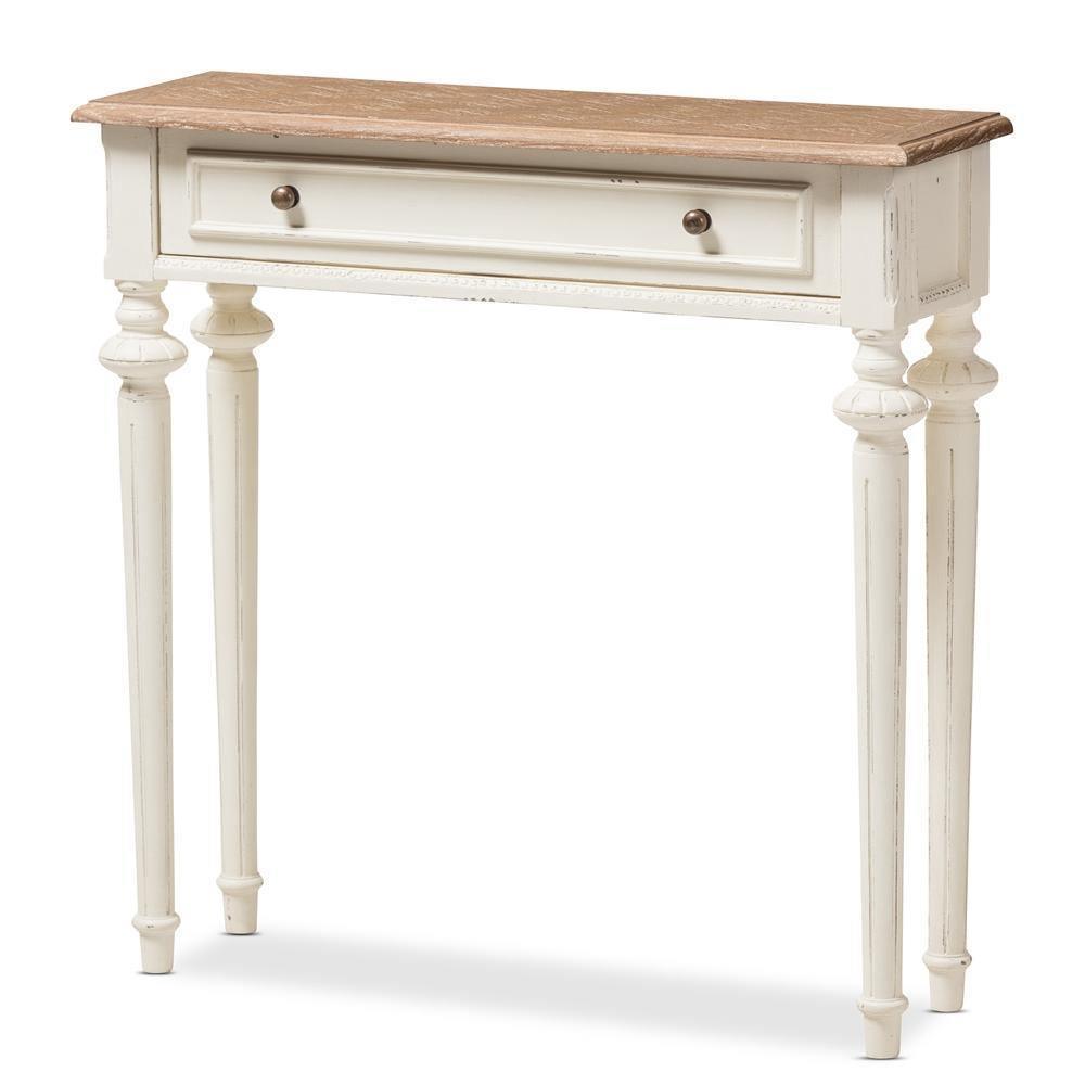 Marquetterie French Provincial Style Weathered Oak and White Wash Distressed Finish Wood Two-Tone Console Table FredCo