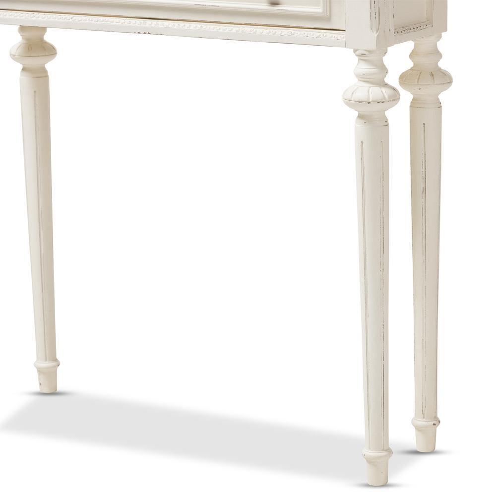Marquetterie French Provincial Style Weathered Oak and White Wash Distressed Finish Wood Two-Tone Console Table FredCo