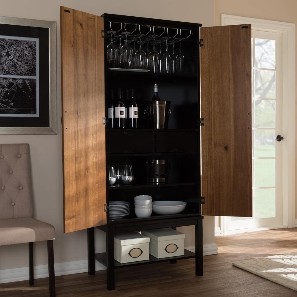Marya Mid-Century Modern Dark Brown And Walnut Two-Tone Solid Rubberwood MDF Veneered Wine Cabinet FredCo