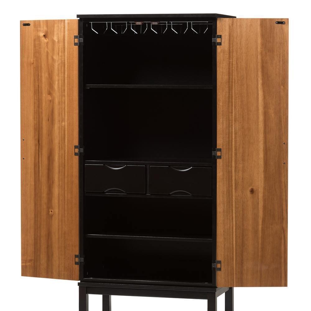 Marya Mid-Century Modern Dark Brown And Walnut Two-Tone Solid Rubberwood MDF Veneered Wine Cabinet FredCo